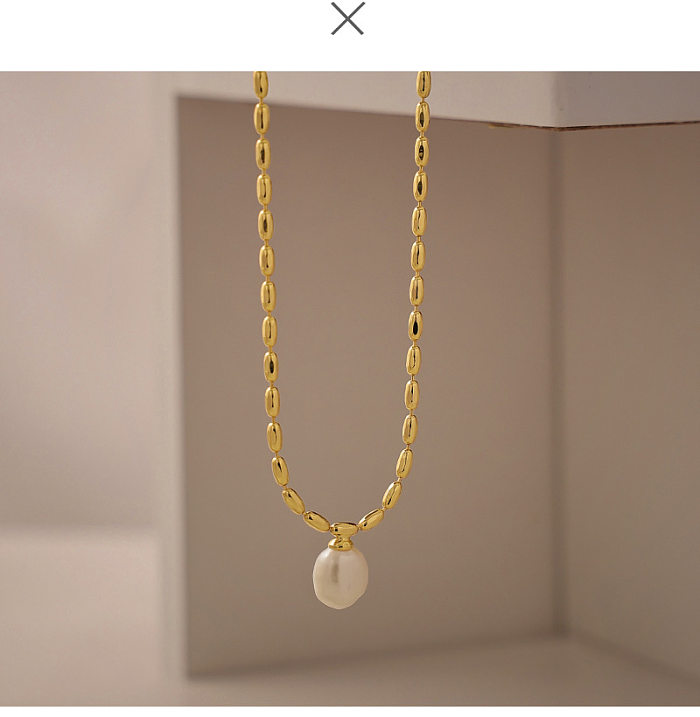 Collier pendentif rétro en perles d'eau douce de couleur unie, plaqué cuivre