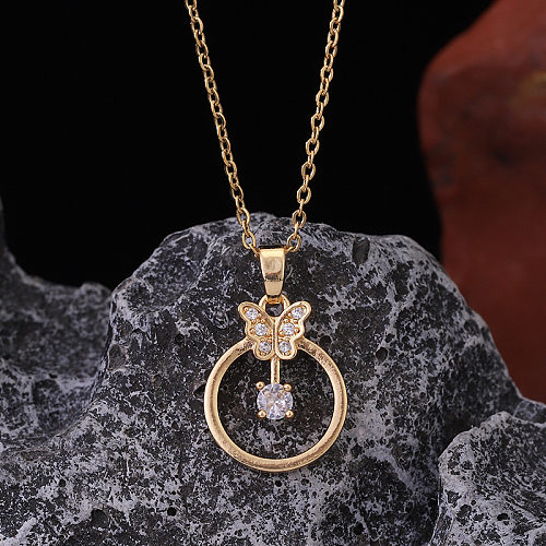 Elegant Butterfly Titanium Steel Copper Plating Inlay Zircon 18K Gold Plated Pendant Necklace
