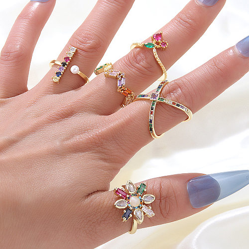 Anillos de cobre con flores geométricas a la moda, anillos de cobre con circonita incrustada
