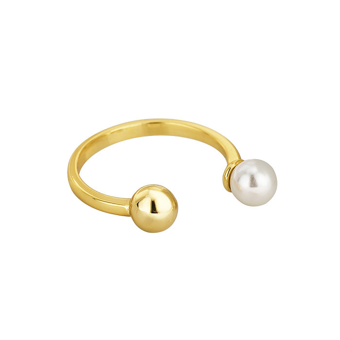 Simple Style Round Copper Plating Inlay Pearl Open Ring