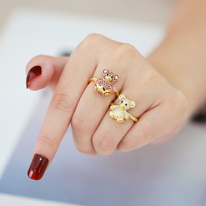 IG Style Cute Bear Copper Plating Inlay Zircon 18K Gold Plated Open Rings