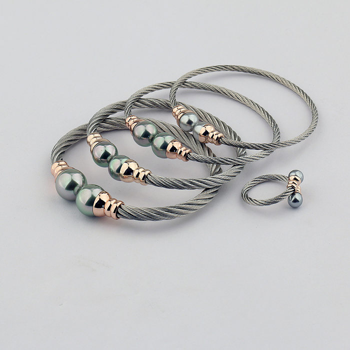 Lässiger schlichter Stil, rund, Edelstahl, Kupfer-Inlay, Perlen-Damen-Ring-Armband