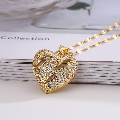 Simple Style Heart Shape Copper 18K Gold Plated Zircon Pendant Necklace In Bulk