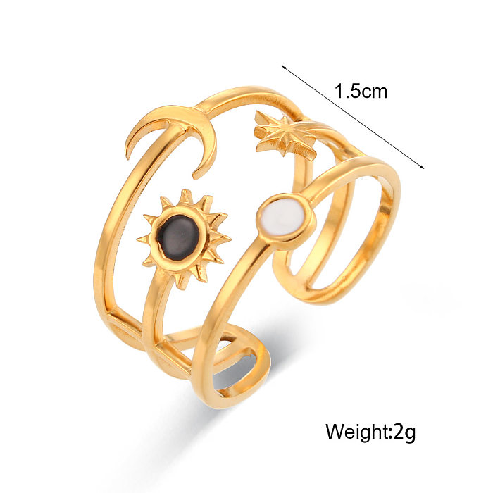 Retro-geometrischer Sonnenstern-Edelstahl-offener Ring, Zirkon-Edelstahlringe