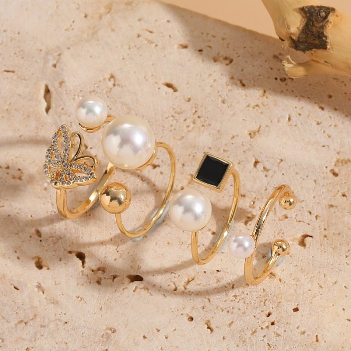 Elegant Retro Square Butterfly Imitation Pearl Copper Enamel Plating Inlay Zircon 14K Gold Plated Open Rings