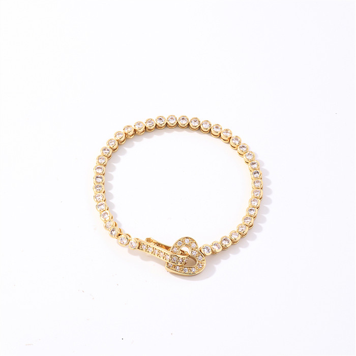 Casual estilo vintage brilhante forma de coração bloqueio cobre chapeamento incrustação zircão branco banhado a ouro pulseiras