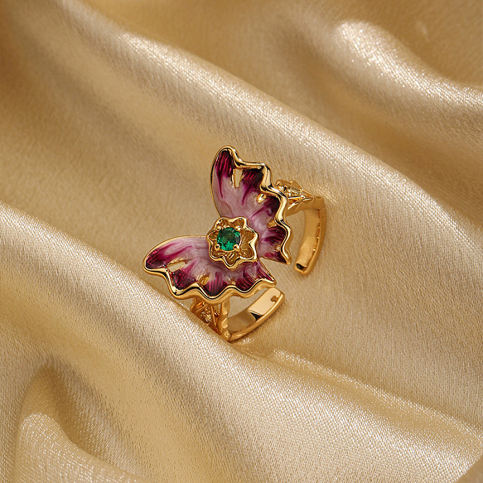 Estilo simples borboleta artística chapeamento de cobre escavar incrustações de zircão 18K anéis abertos banhados a ouro