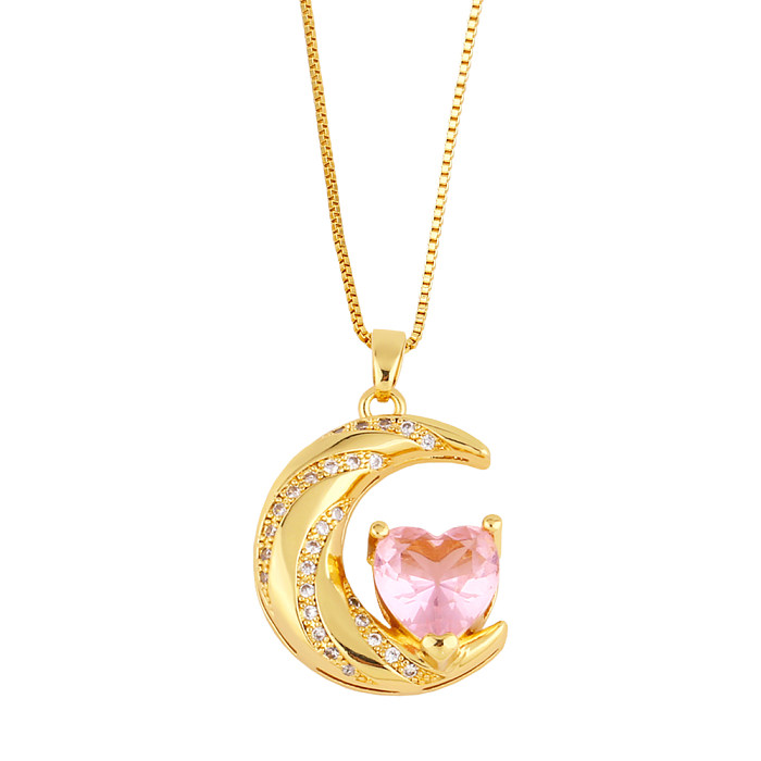 Fashion Moon Heart Shape Copper Gold Plated Zircon Pendant Necklace 1 Piece