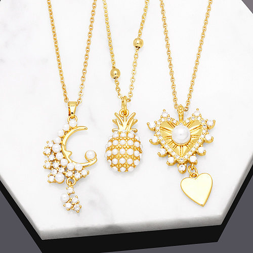 Style Simple lune coeur forme ananas cuivre placage perles artificielles Zircon pendentif collier 1 pièce