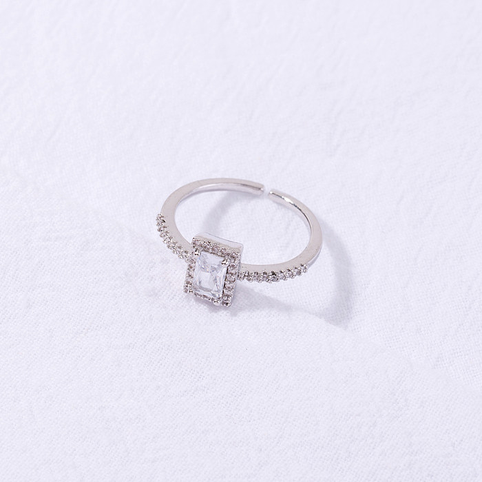 1 peça estilo simples retângulo chapeamento de cobre incrustação zircão anel aberto banhado a prata