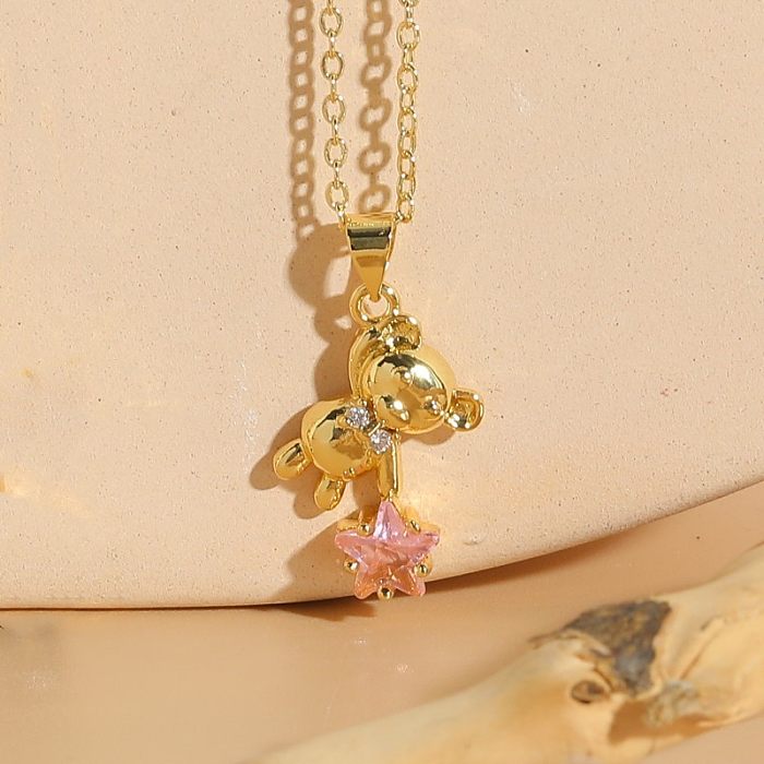 Elegant Luxurious Classic Style Animal Bear Copper 14K Gold Plated Zircon Pendant Necklace In Bulk