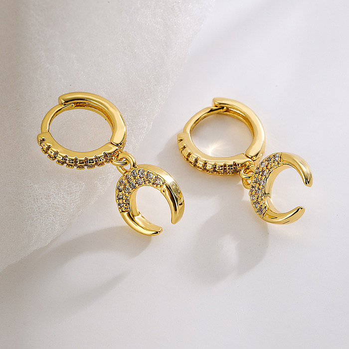 Fashion Moon Copper Gold Plated Zircon Dangling Earrings 1 Pair