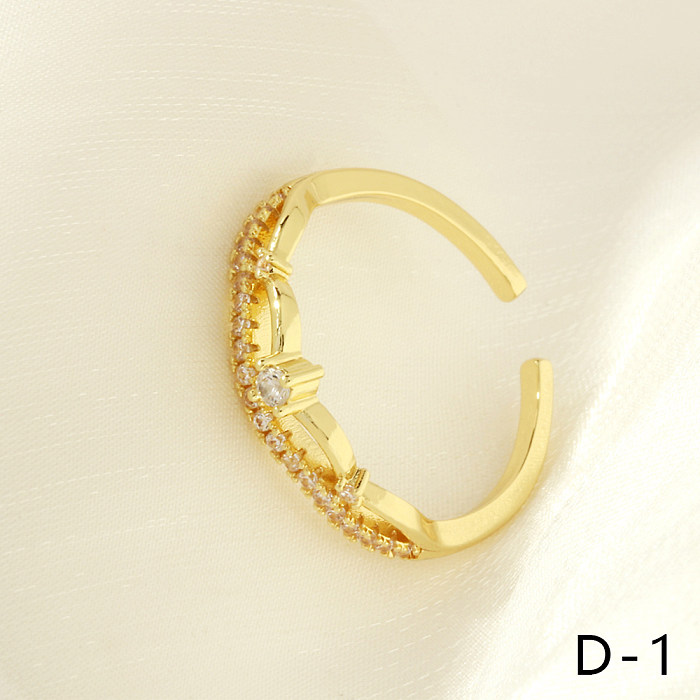 Eleganter, schlichter Stil, geometrische Herzform, Kupferbeschichtung, Intarsien, Zirkon, 18 Karat vergoldet, offene Ringe