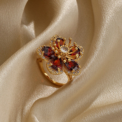 IG estilo doce flor chapeamento de cobre embutimento zircão 18K anéis abertos banhados a ouro