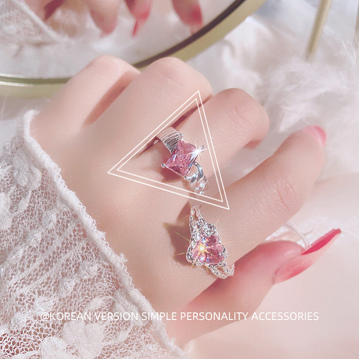 Simple Style Square Heart Shape Copper Plating Inlay Zircon Open Ring