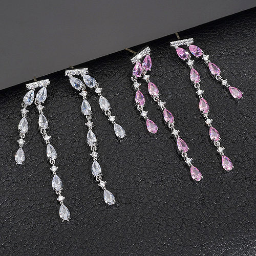 1 Pair IG Style Sweet Korean Style Water Droplets Tassel Inlay Copper Zircon Drop Earrings