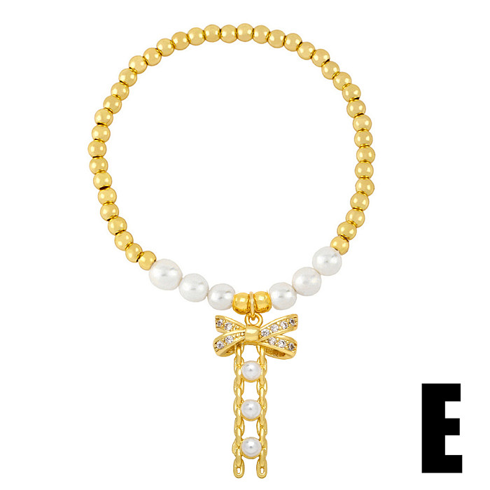 Estilo barroco formato de coração arco nó chave cobre banhado a ouro pérolas artificiais pulseiras de zircônia 1 peça