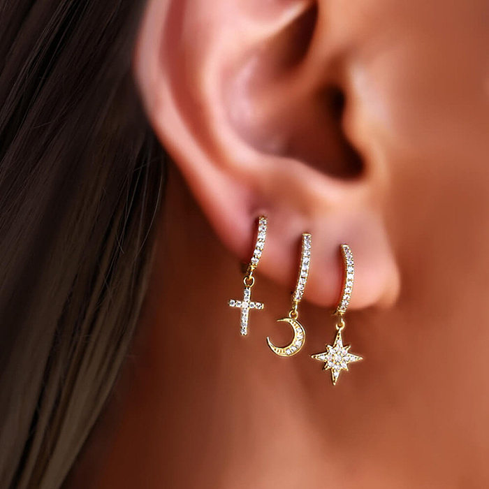1 Pair Shiny Star Moon Inlay Copper Zircon Drop Earrings