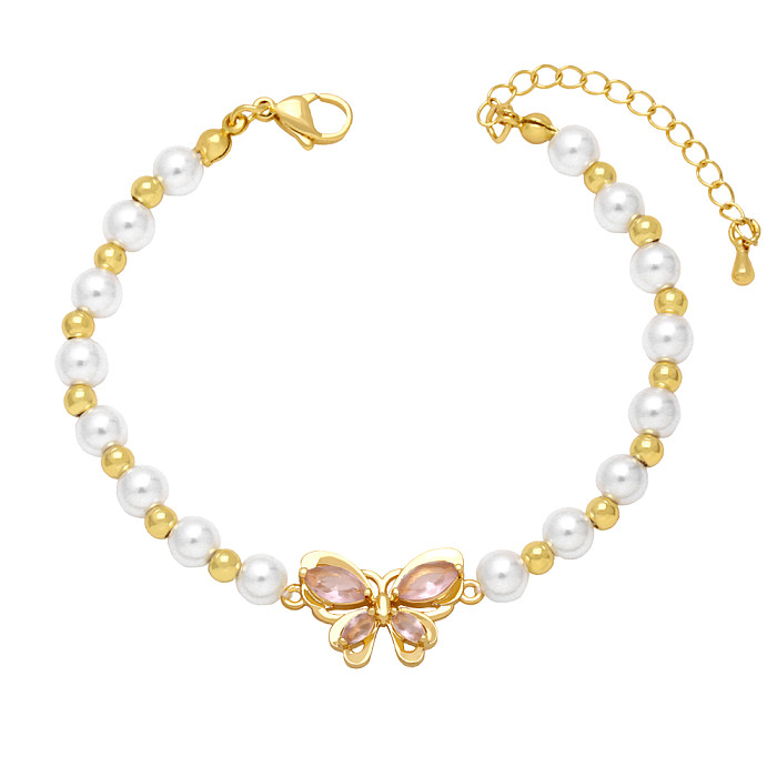 Fashion Butterfly Imitation Pearl Copper Beaded Gold Plated Zircon Bracelets 1 Piece