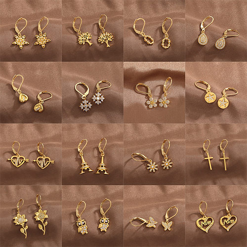 1 Pair Casual Simple Style Cross Heart Shape Flower Plating Inlay Copper Zircon Drop Earrings