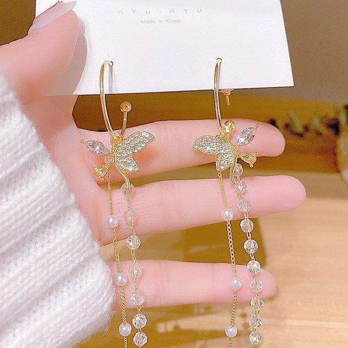 Fashion Tassel Butterfly Bow Knot Copper Inlay Artificial Pearls Rhinestones Earrings 1 Pair