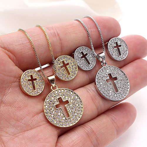 IG Style Simple Style Cross Round Copper Plating Inlay Zircon Gold Plated Earrings Necklace