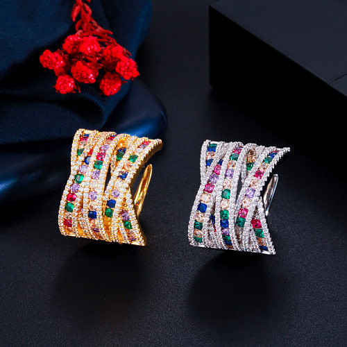 Commute Anillos chapados en rodio chapados en oro blanco con incrustaciones de cobre geométrico de estilo coreano Piedras preciosas artificiales Chapado en oro de 14 quilates