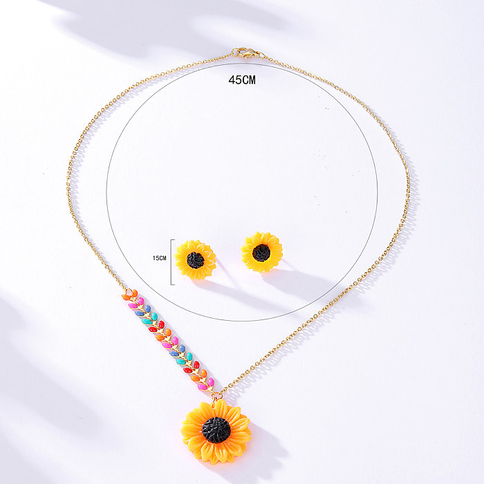 Simple Stainless Steel 18K Gold Sunflower Stud Earrings Necklace Set