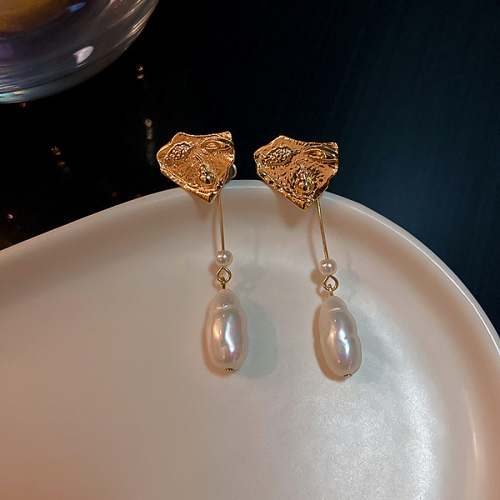 Boucles d'oreilles rétro avec nœud papillon plaqué cuivre, perles artificielles, 1 paire