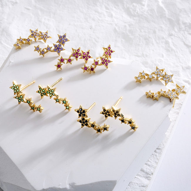 Micro Inlaid Zircon Pentagram Stud Earrings Colorful Crystals Star Brass Earring