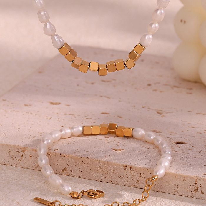 Classic Style Square Stainless Steel Freshwater Pearl Beaded 18K Gold Plated Bracelets Necklace