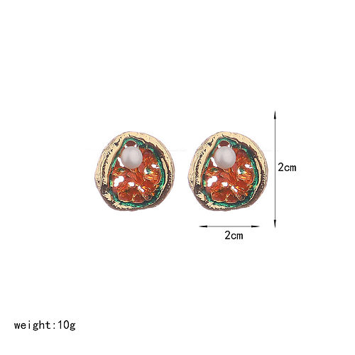 1 Paar Ohrstecker im IG-Stil, Retro-Stil, unregelmäßig bemalt, mit Inlay, Kupfer, künstliche Perlen, 18 Karat vergoldet