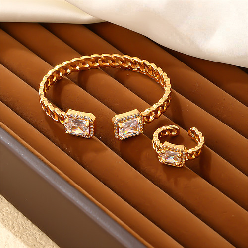 Elegante glam estilo vintage retângulo geométrico chapeamento de cobre incrustação zircão banhado a ouro anéis pulseiras