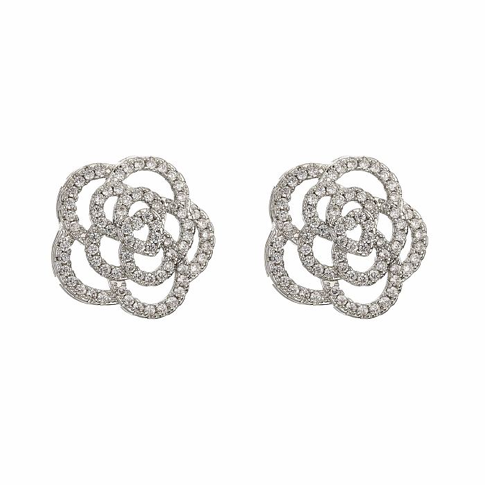 1 Pair Elegant Shiny Flower Plating Hollow Out Inlay Copper Artificial Rhinestones White Gold Plated Ear Studs