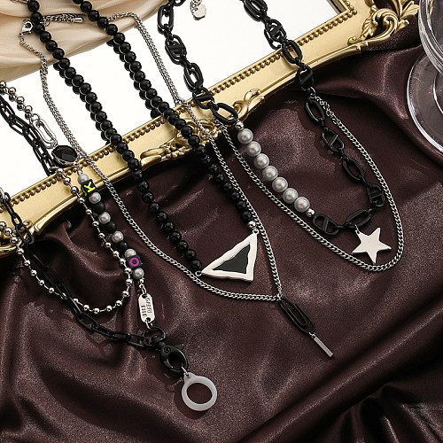 Cool Style Dreieck Runde Künstliche Perle Kupfer Inlay Achat Anhänger Halskette