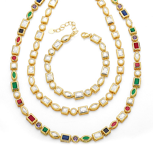 INS-Stil, rund, quadratisch, verkupfert, Inlay, Zirkon, 18 Karat vergoldet, Damen-Armband-Halskette