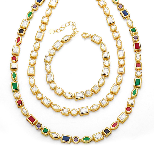 INS-Stil, rund, quadratisch, verkupfert, Inlay, Zirkon, 18 Karat vergoldet, Damen-Armband-Halskette