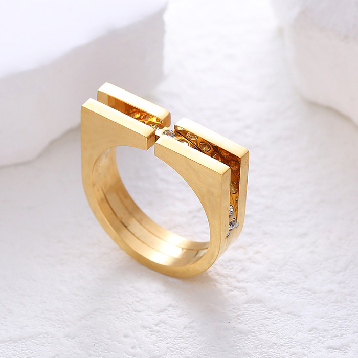 Simple Style Commute Solid Color Stainless Steel Plating Inlay Rhinestones 24K Gold Plated Rings