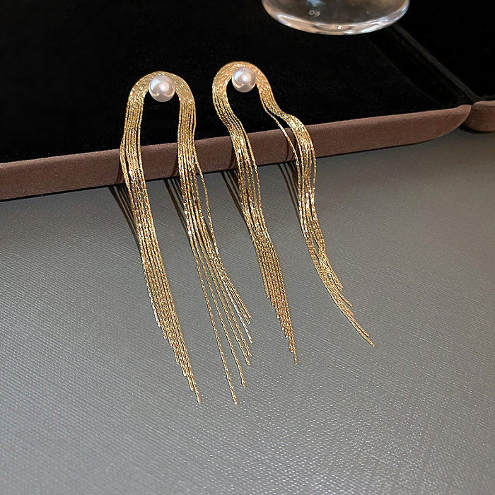 Modische geometrische Kupfer-Quasten-Ohrringe mit künstlichen Perlen, 1 Paar