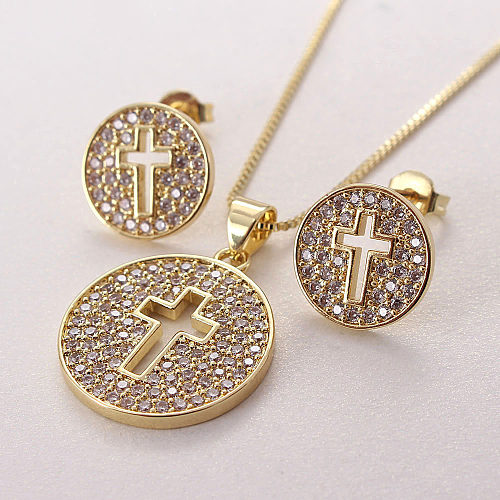 Colar de brincos banhado a ouro com zircônia estilo IG estilo simples cruz redonda banhada a cobre