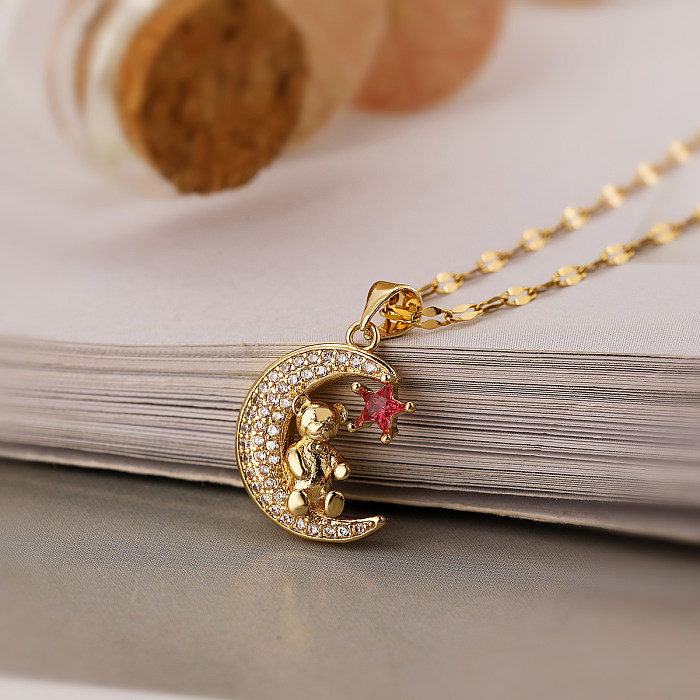 Commute Little Bear Stainless Steel Copper Plating Inlay Zircon 18K Gold Plated Pendant Necklace