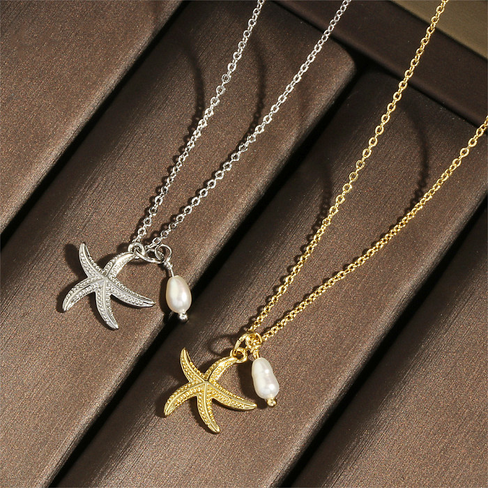 Retro Simple Style Starfish Freshwater Pearl Copper Plating 18K Gold Plated Pendant Necklace