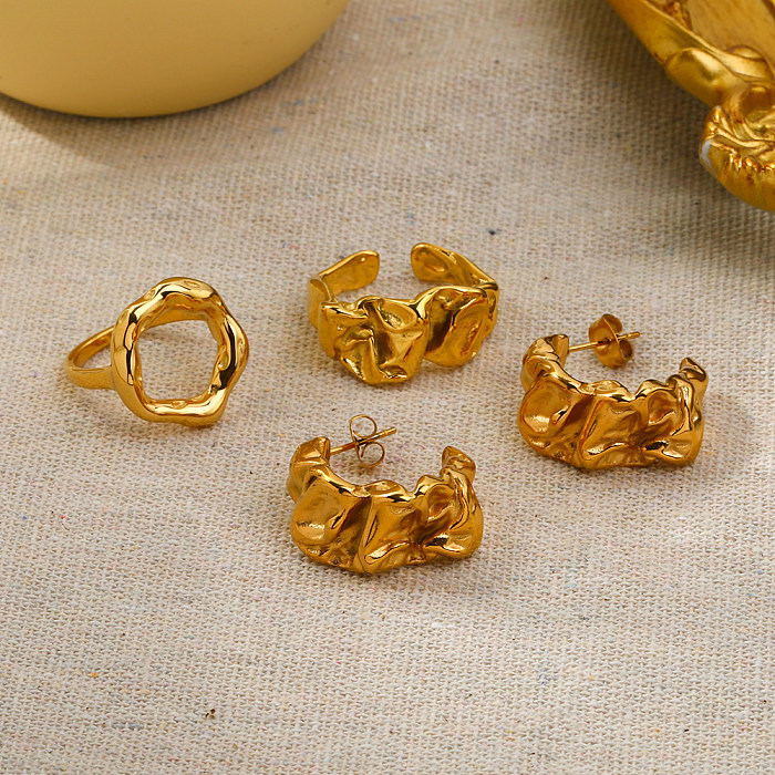 Dobras de cor sólida estilo vintage, revestimento de polimento de aço inoxidável, anéis banhados a ouro 18K, brincos
