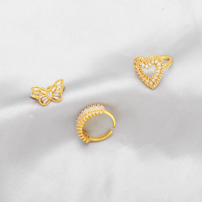 INS Style Heart Shape Butterfly Copper 18K Gold Plated Zircon Open Ring In Bulk