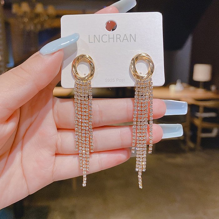 1 Pair Retro Shiny Tassel Plating Inlay Copper Rhinestones 14K Gold Plated Drop Earrings