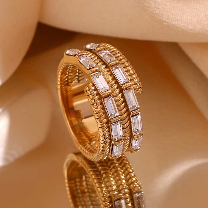 Schlichter Stil, quadratische Ringe mit Edelstahlbeschichtung und Zirkoneinlage, 18 Karat vergoldet