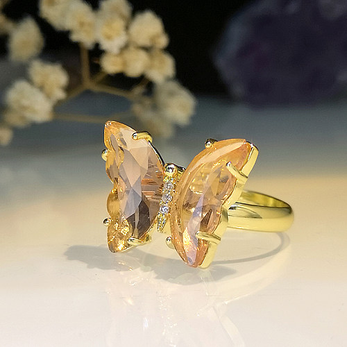 Elegant Glam Butterfly Copper Plating Inlay Zircon Gold Plated Open Ring