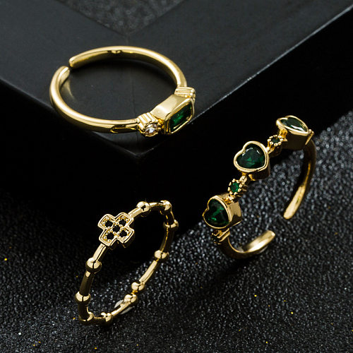 Bijoux à main simples pour femmes, bague en cuivre vert en forme de cœur, croix en bambou