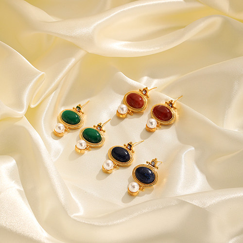 Boucles d'oreilles pendantes rétro luxueuses, 1 paire, incrustation de placage ovale en cuivre, perles artificielles, pierre naturelle, plaqué or 18 carats