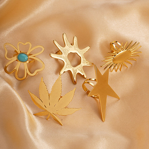 Exagerado estilo moderno pastoral pentagrama flor chapeamento de aço inoxidável incrustação zircão anéis banhados a ouro